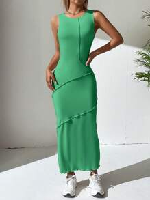 SHEIN EZwear Solid Lettuce Trim Tank Dress - Green - View 4