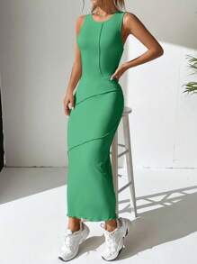 SHEIN EZwear Solid Lettuce Trim Tank Dress - Green - View 5