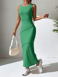 SHEIN EZwear Solid Lettuce Trim Tank Dress - Green - View 6