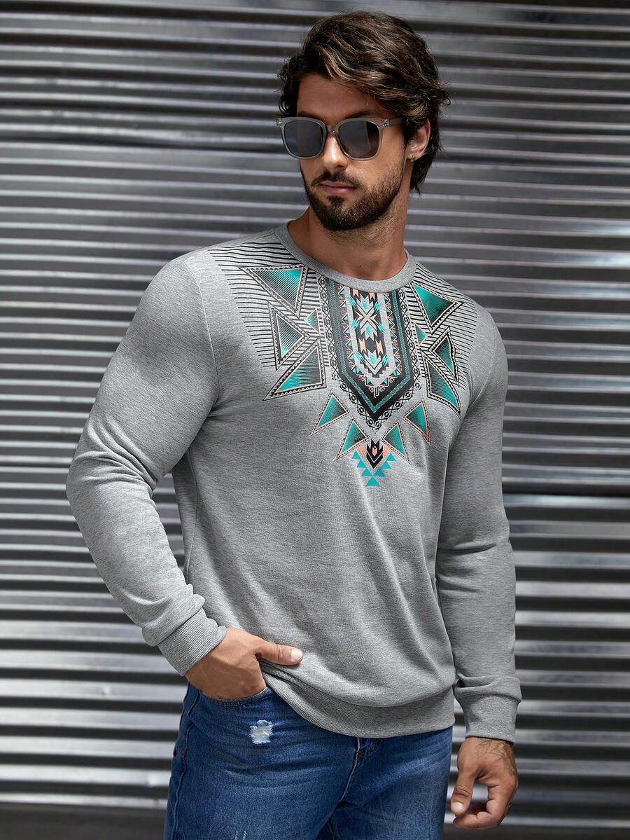 GENTILAND Men Geo Print Sweatshirt - Grey - View 1