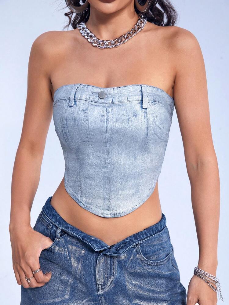 Curved Hem Denim Tube Top