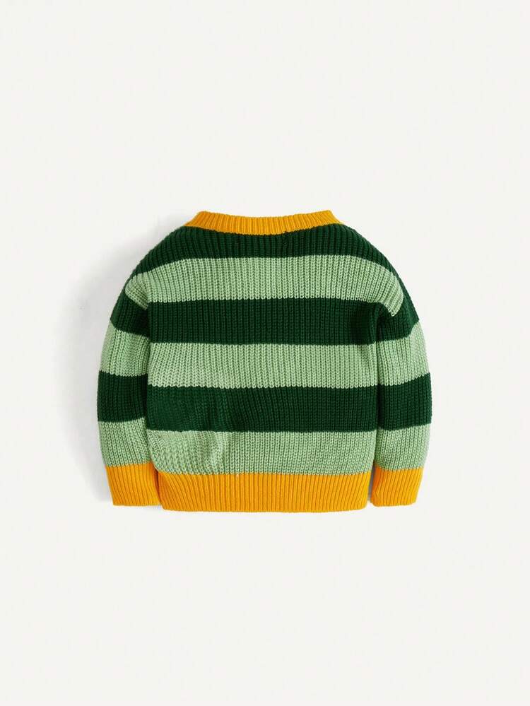 Baby Boys' Round Neck Casual Striped Sweater With Pullover Design, Long Sleeve