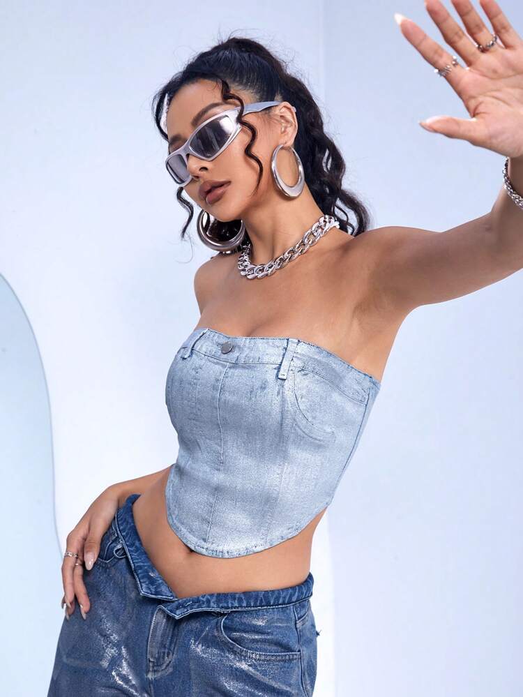 Curved Hem Denim Tube Top