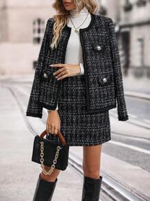 Chiquease Plaid Pattern Flap Detail Coat & Skirt - Black - View 3