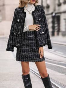 Chiquease Plaid Pattern Flap Detail Coat & Skirt - Black - View 4