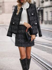 Chiquease Plaid Pattern Flap Detail Coat & Skirt - Black - View 6