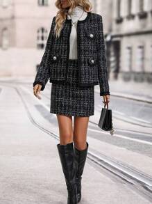 Chiquease Plaid Pattern Flap Detail Coat & Skirt - Black - View 7