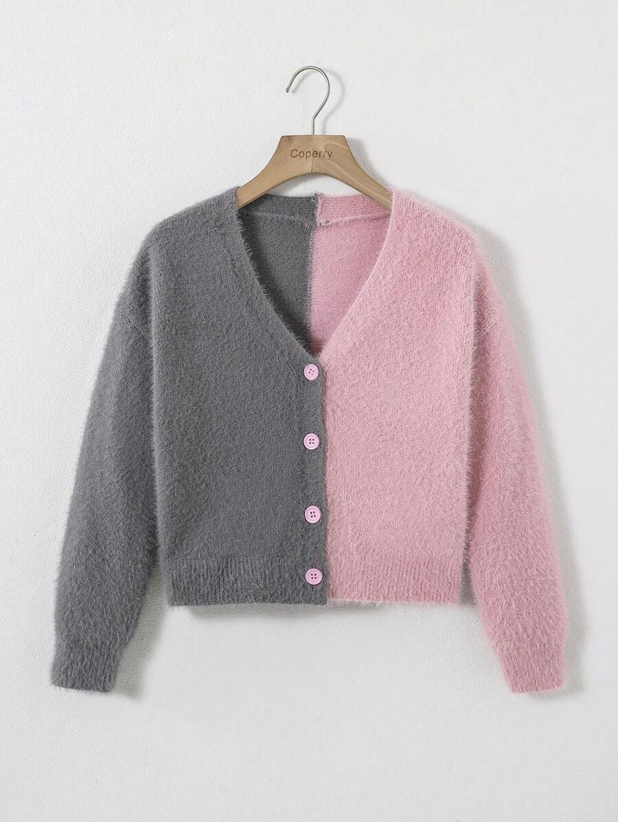 SHEIN Tween Girl Two Tone Drop Shoulder Fuzzy Cardigan - Multicolor - View 1