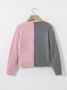 SHEIN Tween Girl Two Tone Drop Shoulder Fuzzy Cardigan - Multicolor - View 2