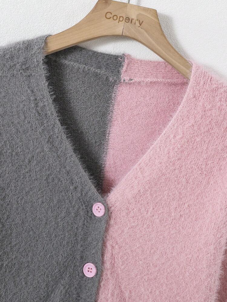 SHEIN 女大童雙色落肩袖毛茸茸開襟衫 - 彩色 - 查看 5