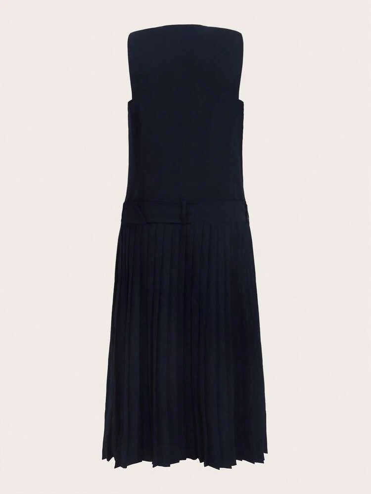 Solid Pleated Hem Belted Dress