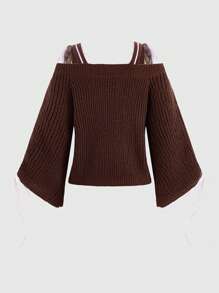 ROMWE Kawaii Solid Cable Knit Cold Shoulder Crop Sweater - Coffee Brown - View 2