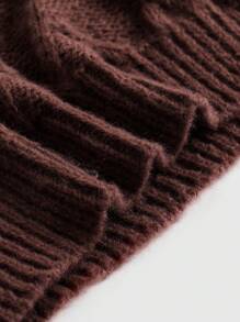 ROMWE Kawaii Solid Cable Knit Cold Shoulder Crop Sweater - Coffee Brown - View 4