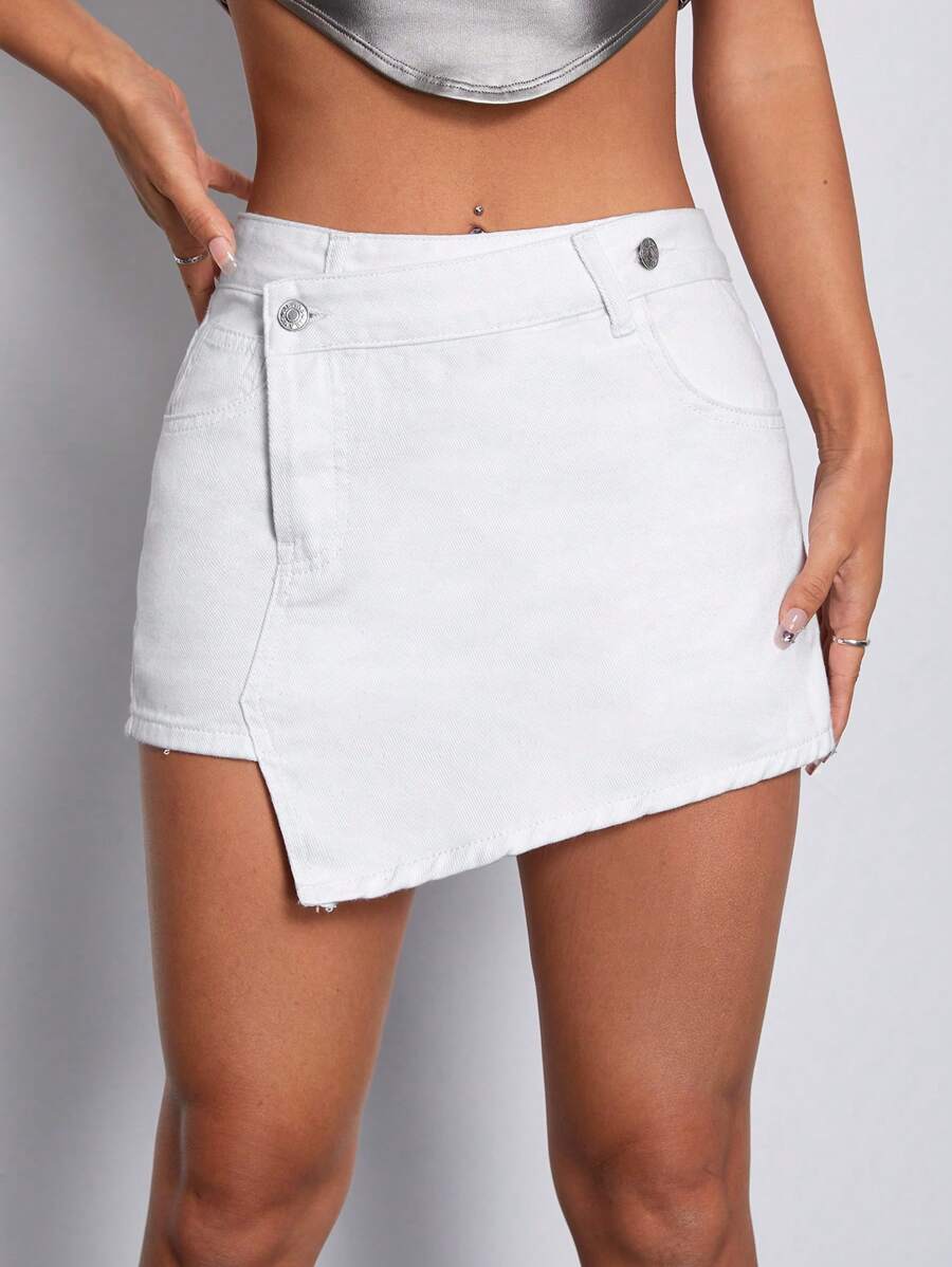 SHEIN PETITE 女士纯色前扣口袋简约休闲牛仔短裤