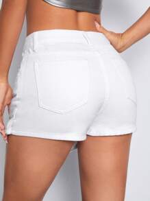 SHEIN PETITE 女士纯色前扣口袋简约休闲牛仔短裤