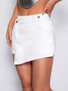 SHEIN PETITE 女士纯色前扣口袋简约休闲牛仔短裤