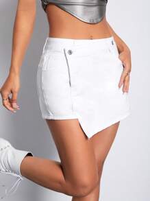 SHEIN PETITE 女士纯色前扣口袋简约休闲牛仔短裤