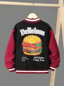 SHEIN Tween Boy Hamburger & Slogan Graphic Varsity Jacket Without Tee - Multicolor - View 1