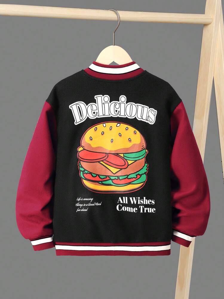 Tween Boy Hamburger & Slogan Graphic Varsity Jacket Without Tee