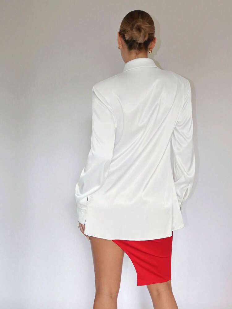 Ruffle Trim Satin Blouse & Asymmetrical Hem Skirt