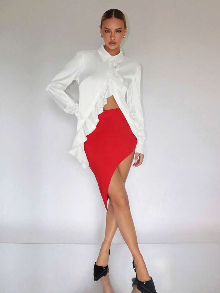 Ruffle Trim Satin Blouse & Asymmetrical Hem Skirt
