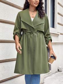 SHEIN LUNE Plus Waterfall Collar Roll Tab Sleeve Drawstring Waist Trench Coat - Army Green - View 3