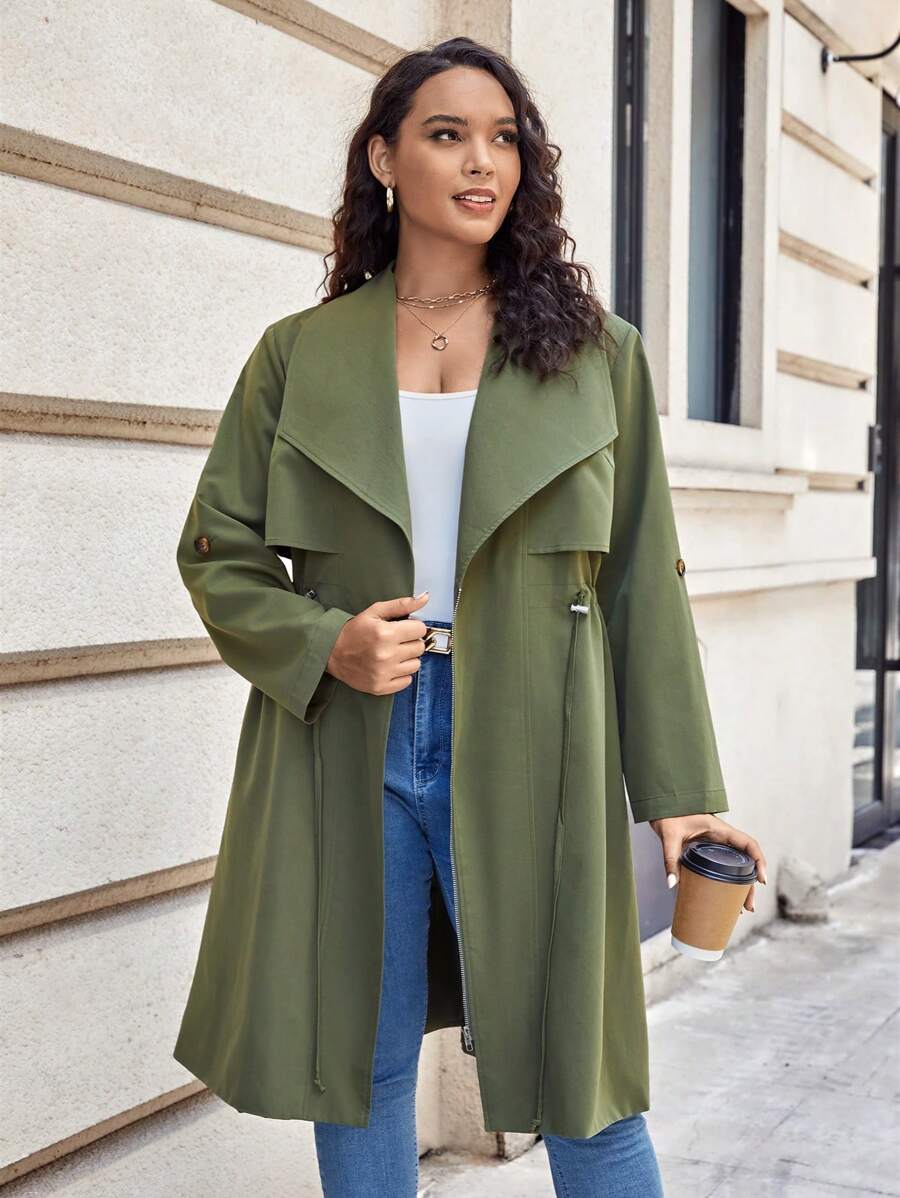SHEIN LUNE Plus Waterfall Collar Roll Tab Sleeve Drawstring Waist Trench Coat - Army Green - View 1