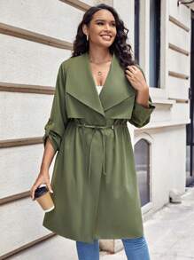 SHEIN LUNE Plus Waterfall Collar Roll Tab Sleeve Drawstring Waist Trench Coat - Army Green - View 4