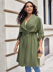 SHEIN LUNE Plus Waterfall Collar Roll Tab Sleeve Drawstring Waist Trench Coat - Army Green - View 5