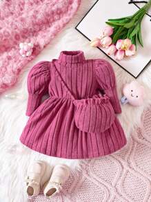 女嬰小高領泡泡袖洋裝附包 - 粉色 - 查看 1