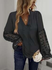 EMERY ROSE Swiss Dot Flare Sleeve Tie Neck Blouse,Long Sleeve Tops Fall Cloth For Women