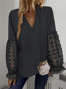 EMERY ROSE Swiss Dot Flare Sleeve Tie Neck Blouse,Long Sleeve Tops Fall Cloth For Women