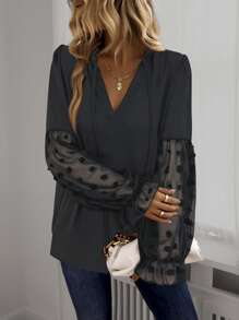 EMERY ROSE Swiss Dot Flare Sleeve Tie Neck Blouse,Long Sleeve Tops Fall Cloth For Women