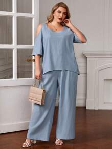 EMERY ROSE Plus Cold Shoulder Blouse & Wide Leg Pants - Blue - View 1