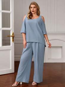 EMERY ROSE Plus Cold Shoulder Blouse & Wide Leg Pants - Blue - View 3