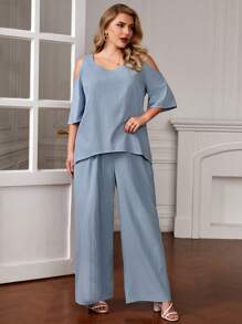 EMERY ROSE Plus Cold Shoulder Blouse & Wide Leg Pants - Blue - View 4