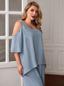 EMERY ROSE Plus Cold Shoulder Blouse & Wide Leg Pants - Blue - View 5