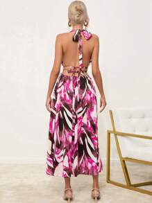 GENKIRA In Toàn bộ Ca-vát Backless Tách đùi Váy dây - Màu Hồng Tươi - Xem 2