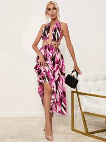 GENKIRA In Toàn bộ Ca-vát Backless Tách đùi Váy dây - Màu Hồng Tươi - Xem 3