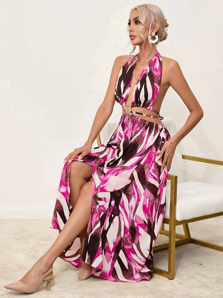 GENKIRA In Toàn bộ Ca-vát Backless Tách đùi Váy dây - Màu Hồng Tươi - Xem 1