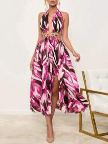 GENKIRA In Toàn bộ Ca-vát Backless Tách đùi Váy dây - Màu Hồng Tươi - Xem 7