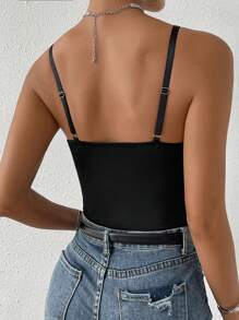 Glamine Charm Rhinestone Detail Bustier Mesh Cami Bodysuit - Black - View 2