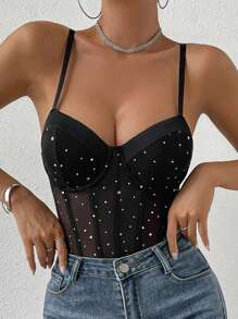 Glamine Charm Rhinestone Detail Bustier Mesh Cami Bodysuit - Black - View 3