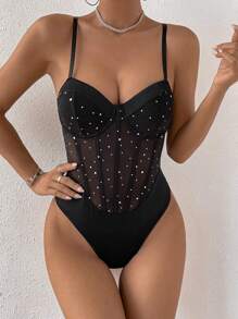 Glamine Charm Rhinestone Detail Bustier Mesh Cami Bodysuit - Black - View 5