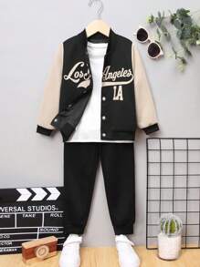 SHEIN Young Boy Letter Graphic Colorblock Bomber Jacket & Sweatpants Without Tee - Black - View 1