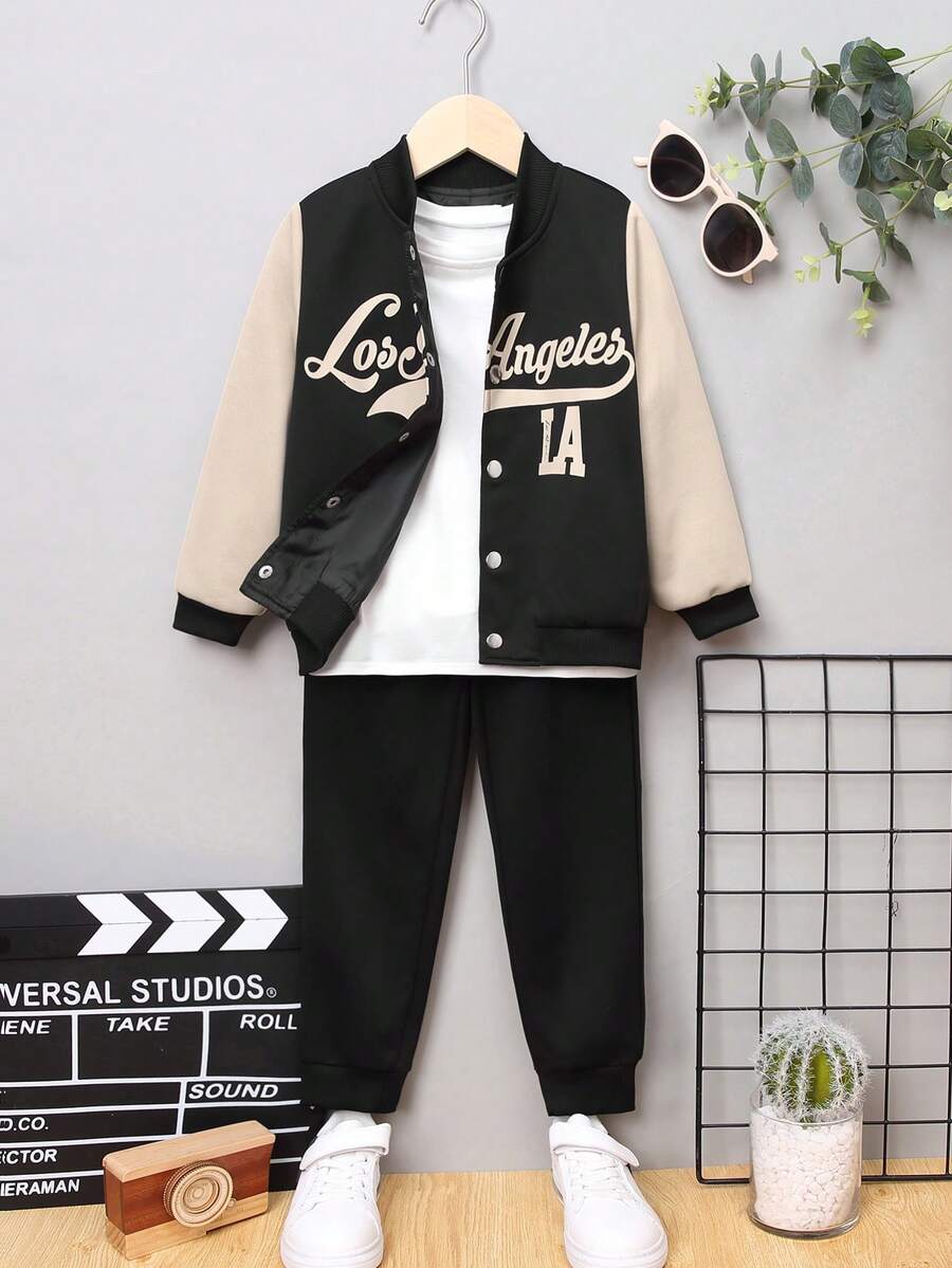 SHEIN Young Boy Letter Graphic Colorblock Bomber Jacket & Sweatpants Without Tee - Black - View 1