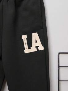 SHEIN Young Boy Letter Graphic Colorblock Bomber Jacket & Sweatpants Without Tee - Black - View 7