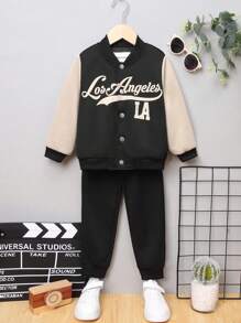 SHEIN Young Boy Letter Graphic Colorblock Bomber Jacket & Sweatpants Without Tee - Black - View 8