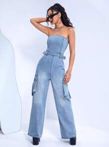 SHEIN ICON Women Denim Overalls & Jumpsuits Kantong Zip Berikat Plain Casual - Light Wash - View 1