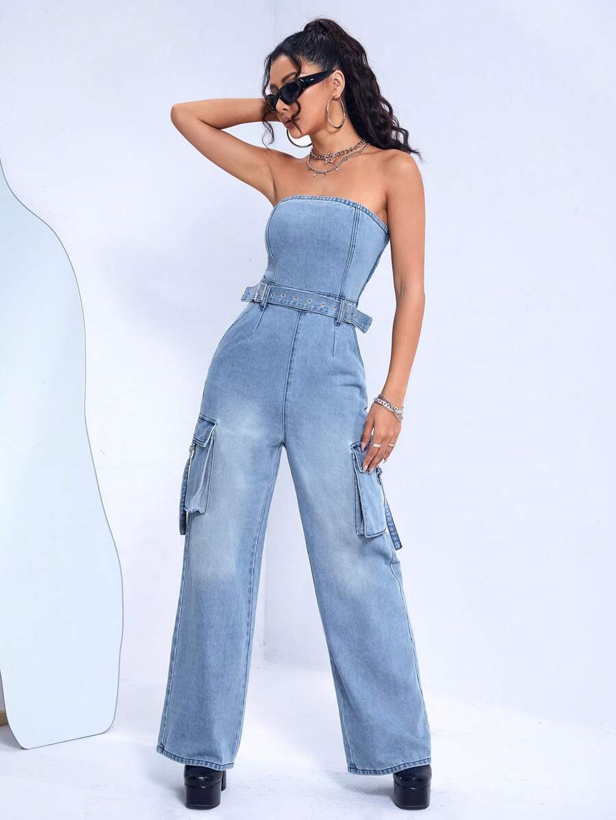 SHEIN ICON Women Denim Overalls & Jumpsuits Kantong Zip Berikat Plain Casual - Light Wash - View 1